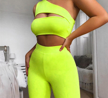 Load image into Gallery viewer, Mon Amie Cherry, Crop top, 2 piece set, knee length set, neon orange, sexy set, lounge set
