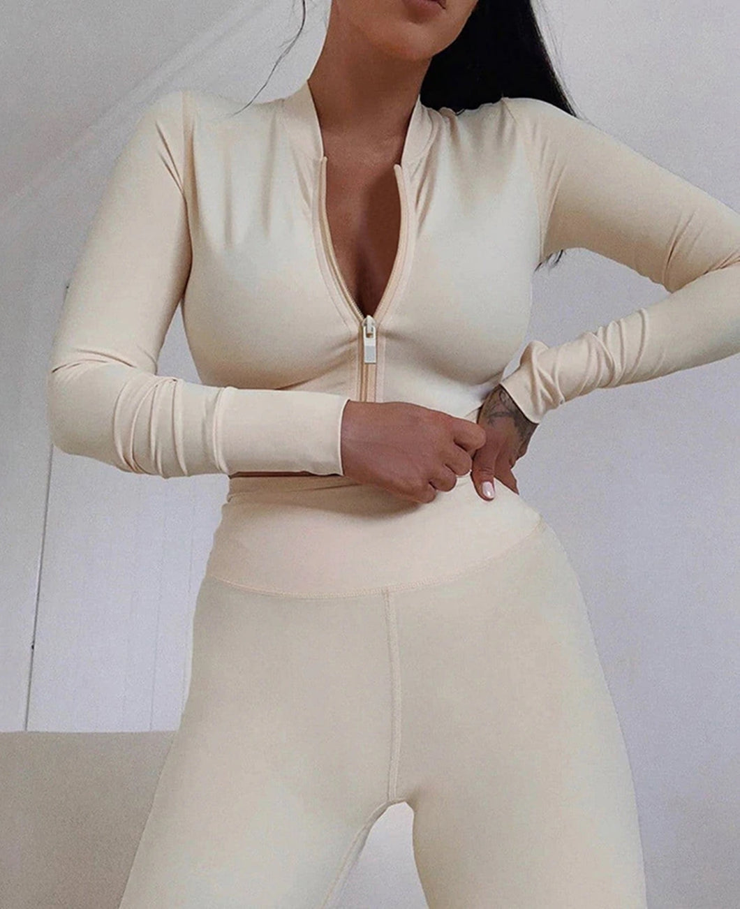 Mon Amie Cherry, Athletic Set, Athleisure, Beige Set, Leggings, Zip Jacket